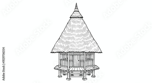 Line drawing of a traditional Asian-style gazebo with a pointed roof and ornate details on a white background.