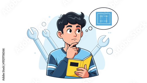 Young man contemplating with book and thought bubble with blueprint icon