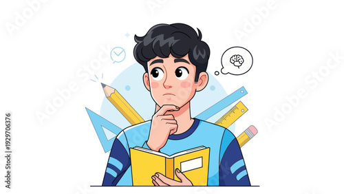 Young man contemplating with book and tools illustration for education