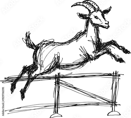 Sketch of a goat jumping over a fence hand drawn jumping animal in black ink lines