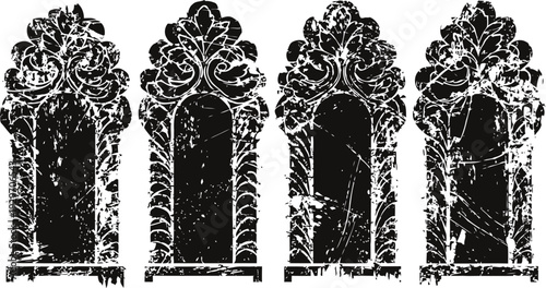 Vintage ornate window frames silhouette set with decorative floral patterns in distressed grunge