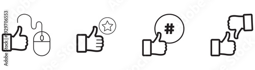 A set of four thumbs up icons with various speech bubbles and symbols