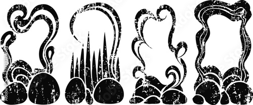 abstract black ink frames with rounded edges and textured grunge on white background