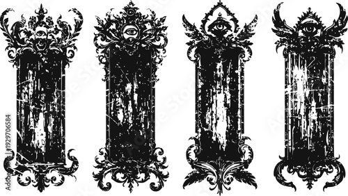 Set of four vintage distressed ornate frames with decorative floral and baroque elements