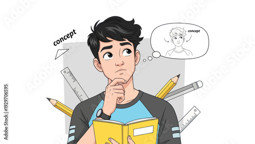 Young man contemplating with illustration elements and thought bubble