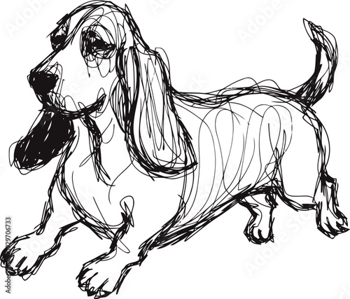 Sketch of a playful basset hound dog with long ears and wagging tail in a loose line art