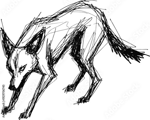 Sketch of a fierce wild canine with intense eyes and a crouched stance in black ink lines