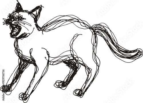 Sketch of a standing cat with an open mouth, expressive lines, and a bushy tail