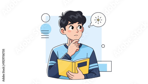 Young man contemplating with open book and thought bubble illustration