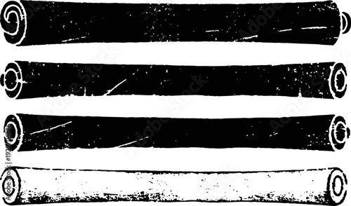 Four vintage black and white rolled paper scrolls with rough textured edges set horizontally