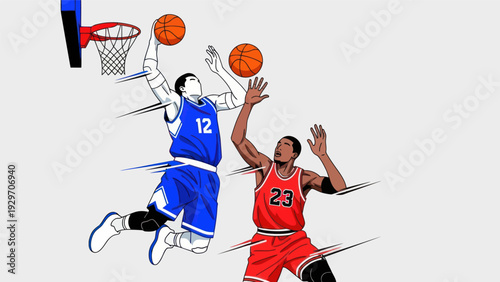 Basketball players in action dunking and scoring in vector illustration