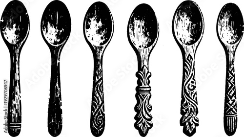 vintage wooden spoons collection with carved and textured handles, rustic kitchen utensils set