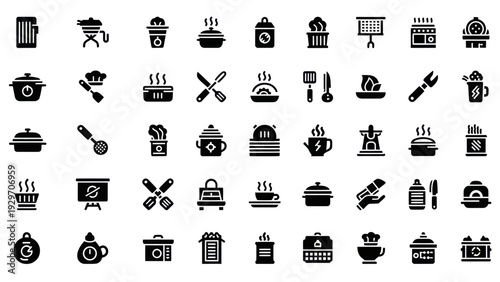 Collection of Cooking and Kitchen Icons: Food, Utensils, Appliances, and More