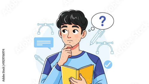 Young man contemplating with question mark and book illustration