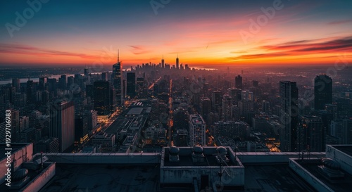 City skyline at sunset skyscrapers silhouetted against a colorful sky