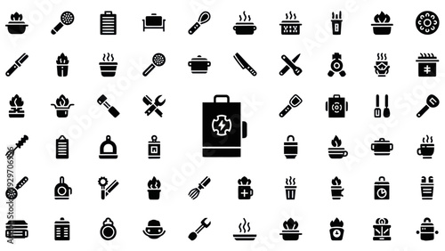 Collection of Cooking and Medical Icons: Pots, Utensils, First Aid Kit, Fire, Tools
