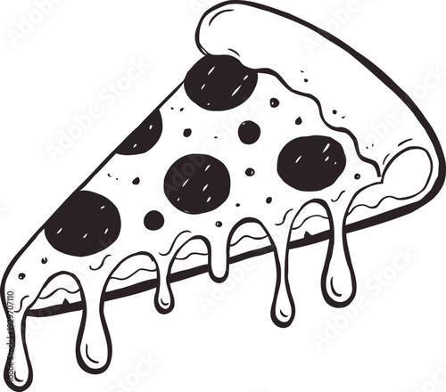 Melting pepperoni pizza slice illustration with dripping cheese and crust outline