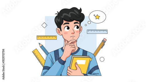 Young man contemplating with school supplies and thought bubble vector illustration