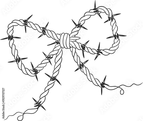 Barbed wire shaped into a tied bow knot, symbolizing conflict and restriction in ribbon form