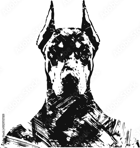 Black and white artistic illustration of a doberman dog portrait with sharp details and strong brush strokes
