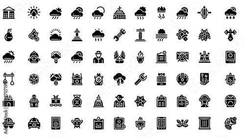 Collection of Diverse Vector Icons: Weather, Tools, Business, Technology, Buildings