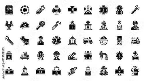 Collection of Flat Icons: Tools, Safety, and Emergency Services