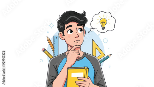 Young man contemplating with thought bubble and school supplies illustration