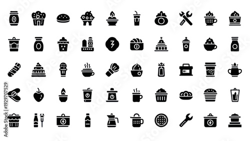 Collection of Food and Drink Icons, Tools, and Abstract Symbols