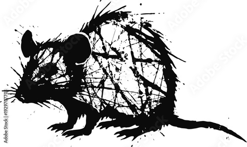 Abstract black ink mouse silhouette with splattered brush strokes and artistic texture