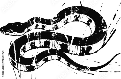 snake silhouette with textured stripes, coiled reptile design in black and white