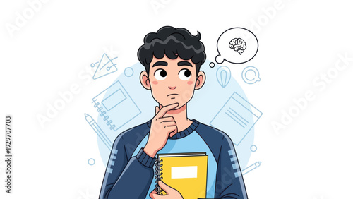 Young man contemplating with thought bubble notebook and creative background