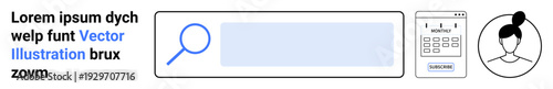 Online search, user authentication, web navigation, profile identification, digital forms, UI design. Search bar, magnifying glass form user icon. Online search and user authentication concept
