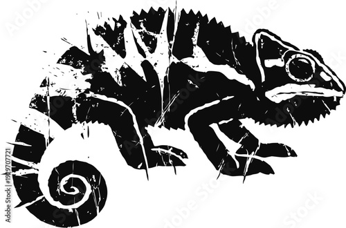 Black and white chameleon silhouette with textured ink splash design on white background