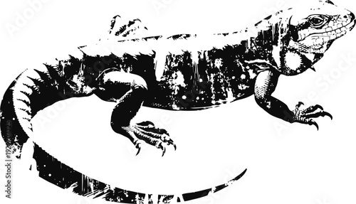 Black and white silhouette of an iguana lizard with textured skin and a curled tail