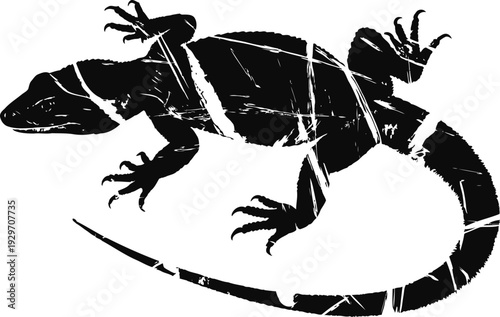 silhouette of bound lizard with cracked texture reptile shape, tied limbs, grunge distress design