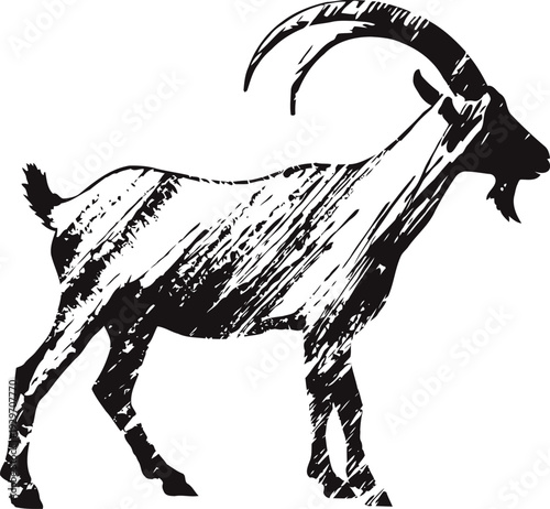 Silhouette of a horned goat standing in profile with textured black brush strokes