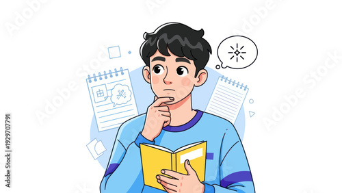 Young man contemplating with thought bubble open book and notes illustration