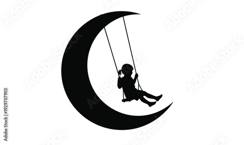 A whimsical silhouette depicts a carefree child joyfully swinging from a large, stylized crescent moon against a pristine white background, evoking dreams and imagination.