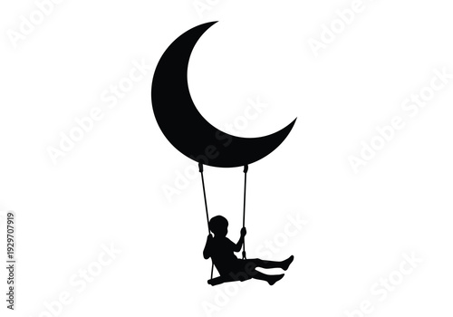 A delightful silhouette captures a child's imagination as they playfully swing suspended from the graceful curve of a prominent crescent moon, suggesting dreams and wonder.
