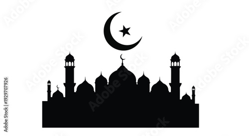 A majestic silhouette of an Islamic mosque with multiple domes and minarets stands proudly, crowned by the symbolic crescent moon and star in the sky.