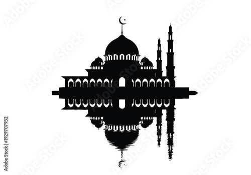 A symmetrical and elegant silhouette of an Islamic mosque with domes and minarets is beautifully reflected below, all positioned under a crescent moon and a single star.