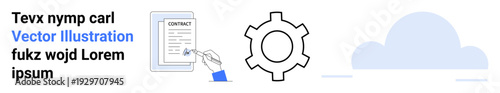 Hand signing a contract, gear symbolizing workflow, and cloud storage icon. Ideal for digital contracts, teamwork, collaboration, cloud technology, workflow, innovation simple landing page