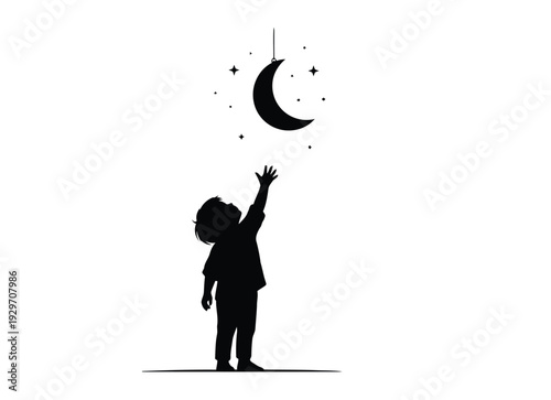 A heartwarming silhouette shows a young child reaching upward with enthusiasm towards a dangling crescent moon surrounded by sparkling stars, symbolizing aspiration and dreams.