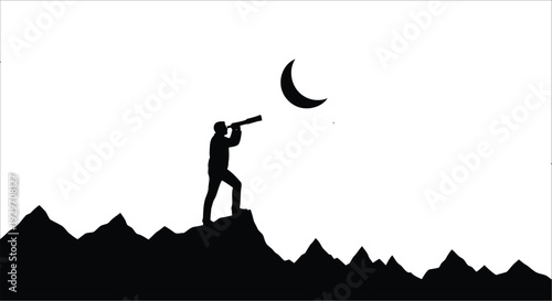 A silhouette of a determined man stands atop a rugged mountain peak, using a telescope to gaze at the solitary crescent moon in the night sky.