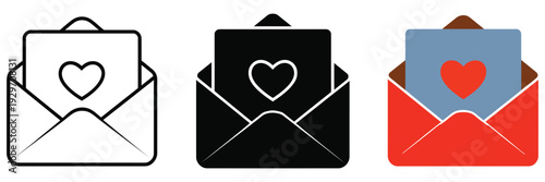Love letter icon set, three heart-themed envelope icons in black, white, and pink variations, representing romantic messages, relationship communication, and digital correspondence for mobile apps and