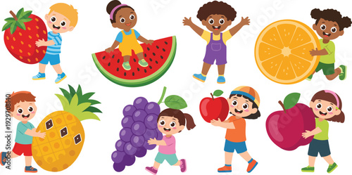 Happy Children with Fresh Fruits Illustration Set Featuring Strawberry, Watermelon, Pineapple, Grape, Orange, and Apple for Healthy Food, Nutrition, and Kids Design Projects