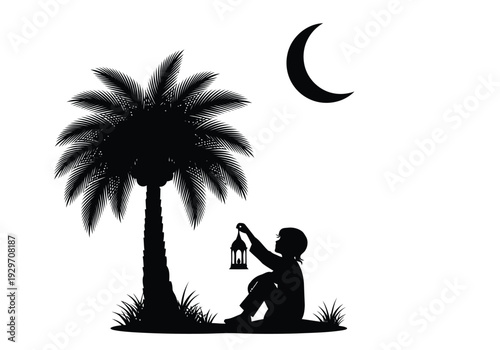 A serene silhouette portrays a small child sitting peacefully under a majestic palm tree, holding a traditional lantern beneath a tranquil crescent moon.