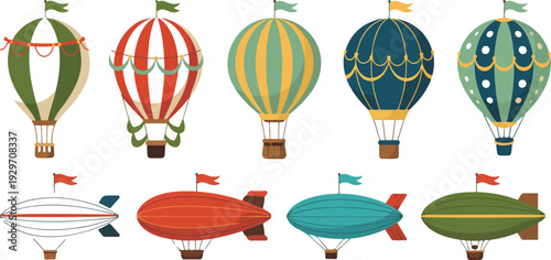 Hot Air Balloon and Airship Illustration Set Featuring Colorful Vintage Flying Transport Vehicles for Travel, Adventure, Kids, and Cartoon Design Projects