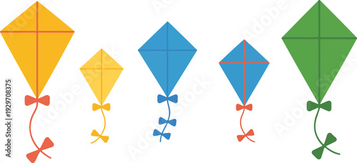 Colorful Flying Kite Collection Vector Illustration Set Featuring Traditional Festival Kites Isolated on White Background for Outdoor Celebration and Cultural Event Design Projects