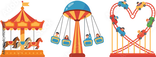 Colorful Amusement Park Rides Vector Illustration Set Featuring Carousel, Swing Ride, and Roller Coaster Cartoon Design for Kids, Entertainment, and Theme Park Projects